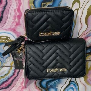 Bebe Sophia Black Quilted Bag and Wallet wristet  Set with Gold Accents